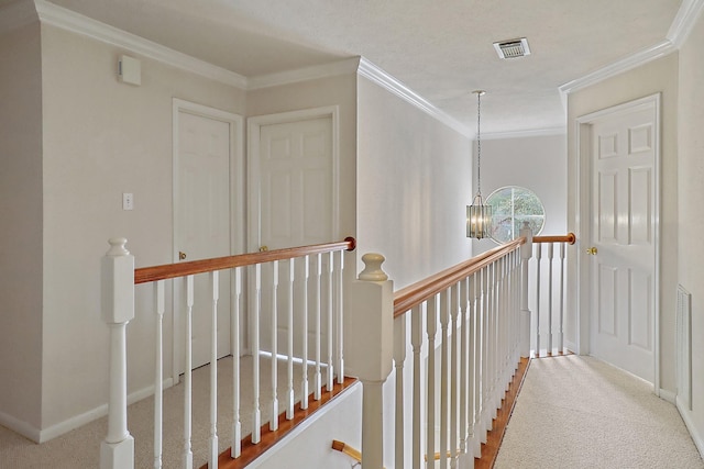 1383 El Camino Village Dr, Webster, TX 77058 - hall with an upstairs landing, carpet, ornamental molding, baseboards, and a chandelier