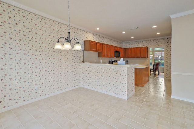 1383 El Camino Village Dr, Webster, TX 77058 - kitchen featuring ornamental molding, black microwave, wallpapered walls, light countertops, and a chandelier