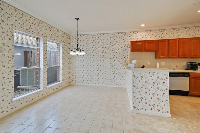 1383 El Camino Village Dr, Webster, TX 77058 - kitchen featuring crown molding, dishwasher, wallpapered walls, pendant lighting, and light countertops