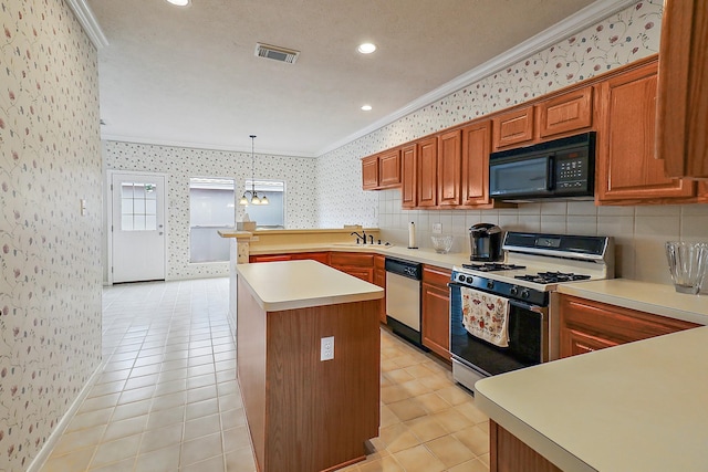 1383 El Camino Village Dr, Webster, TX 77058 - kitchen with range with gas stovetop, black microwave, crown molding, wallpapered walls, and stainless steel dishwasher