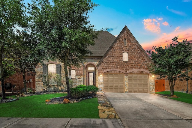 28437 Ofallon Mills Dr, Spring, TX 77386 - tudor home featuring concrete driveway, a lawn, a garage, stone siding, and roof with shingles