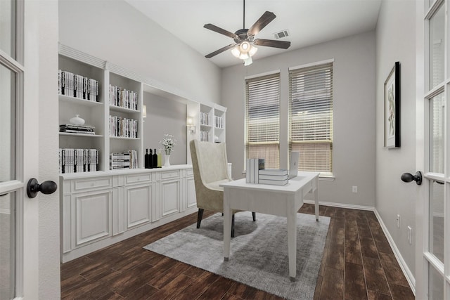 28437 Ofallon Mills Dr, Spring, TX 77386 - office area with dark wood-style floors, ceiling fan, and baseboards