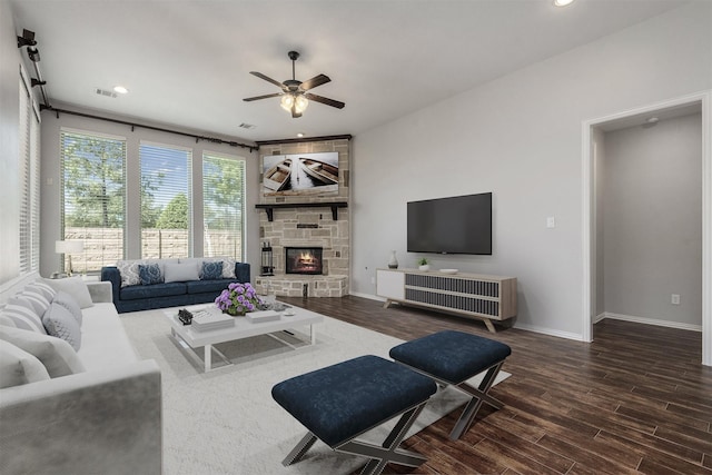 28437 Ofallon Mills Dr, Spring, TX 77386 - living area with baseboards, wood finished floors, a ceiling fan, a fireplace, and recessed lighting
