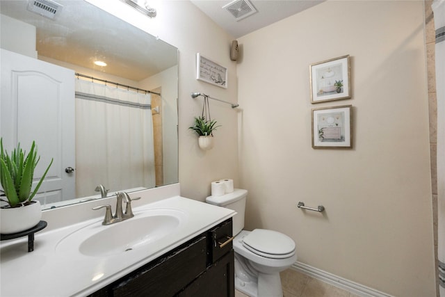 2814 Dustin Place Ct, Humble, TX 77396 - bathroom featuring toilet, tile patterned flooring, vanity, baseboards, and a shower with shower curtain