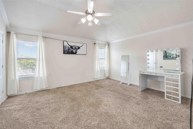 2814 Dustin Place Ct, Humble, TX 77396 - unfurnished living room with ornamental molding, carpet floors, a ceiling fan, and vaulted ceiling