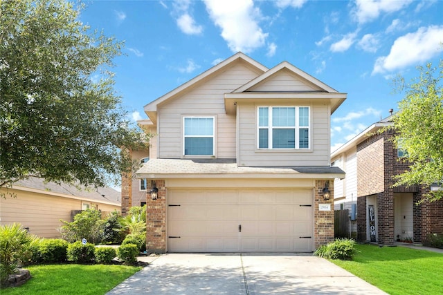 2814 Dustin Place Ct, Humble, TX 77396 - view of front of property featuring an attached garage, driveway, brick siding, and a front yard