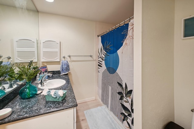 2829 Timmons Ln Unit 184, Houston, TX 77027 - full bath with radiator heating unit, vanity, wood finished floors, a shower with curtain, and a towel warming rack