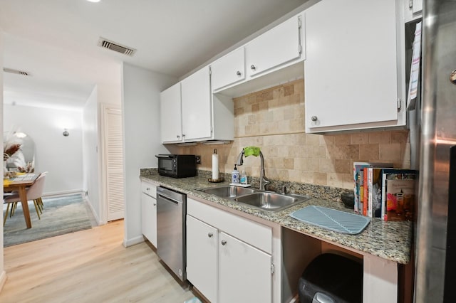 2829 Timmons Ln Unit 184, Houston, TX 77027 - kitchen featuring stainless steel dishwasher, a sink, decorative backsplash, light wood-style floors, and white cabinets
