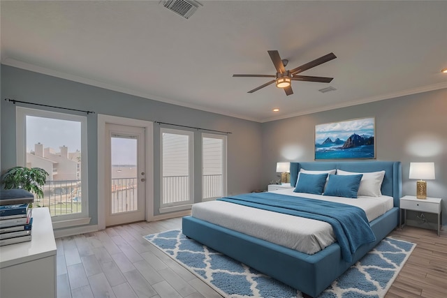 3663 Nasa Pkwy Unit 703, Seabrook, TX 77586 - bedroom with access to outside, crown molding, recessed lighting, light wood-style floors, and a ceiling fan