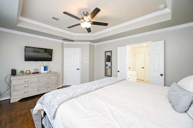 14720 Branchwest Dr, Houston, TX 77082 - bedroom with a tray ceiling, dark wood-style floors, ornamental molding, and ceiling fan