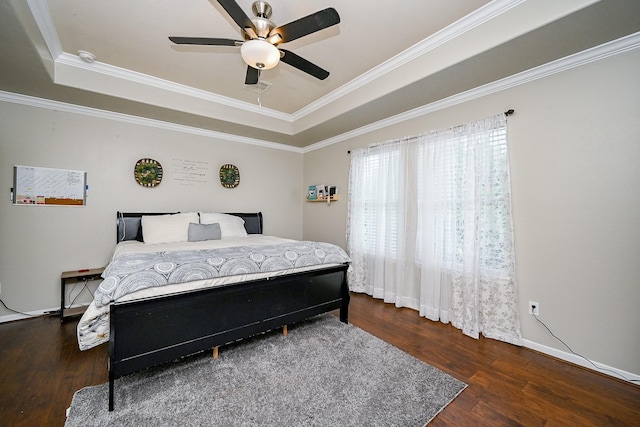 14720 Branchwest Dr, Houston, TX 77082 - bedroom with a tray ceiling, wood finished floors, ornamental molding, ceiling fan, and baseboards