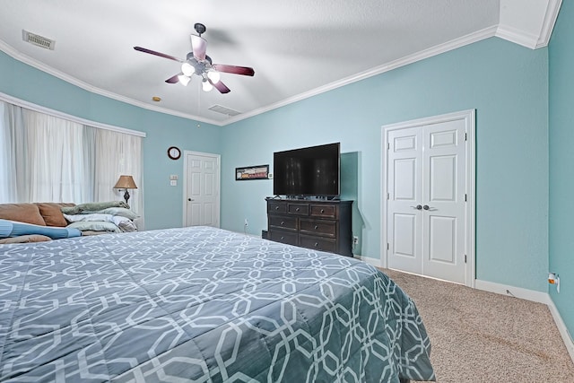 8303 Crescent Knolls Dr, Richmond, TX 77406 - carpeted bedroom featuring ornamental molding, baseboards, and a ceiling fan
