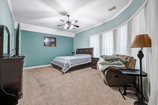 8303 Crescent Knolls Dr, Richmond, TX 77406 - bedroom featuring ornamental molding, carpet flooring, baseboards, and ceiling fan