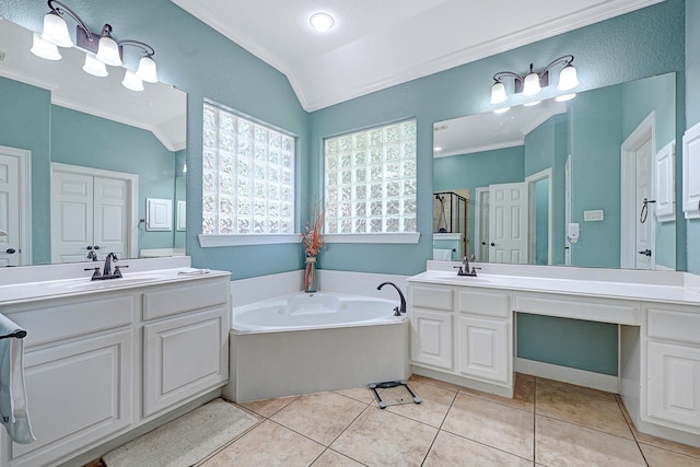 8303 Crescent Knolls Dr, Richmond, TX 77406 - bathroom featuring a garden tub, vaulted ceiling, two vanities, a shower stall, and crown molding