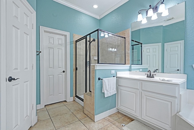 8303 Crescent Knolls Dr, Richmond, TX 77406 - full bath with tile patterned floors, a stall shower, vanity, ornamental molding, and a textured wall