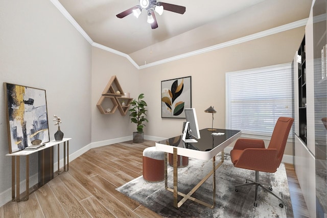 8303 Crescent Knolls Dr, Richmond, TX 77406 - office with ornamental molding, baseboards, light wood-type flooring, a ceiling fan, and vaulted ceiling