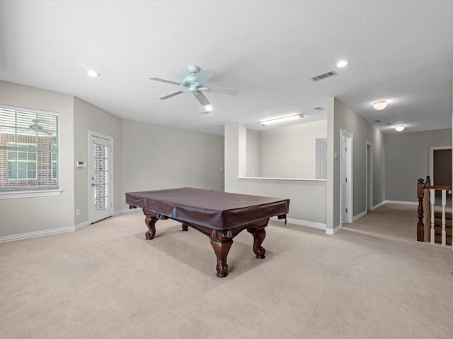 3311 El Dorado Blvd, Missouri City, TX 77459 - rec room with light carpet, a ceiling fan, billiards, baseboards, and recessed lighting
