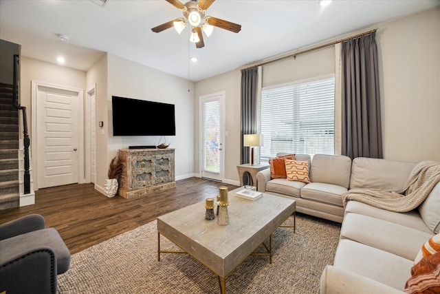 10407 Quiet Courtyard Rd, Houston, TX 77043 - living area with ceiling fan, stairway, wood finished floors, baseboards, and recessed lighting