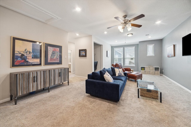 10407 Quiet Courtyard Rd, Houston, TX 77043 - living area with attic access, light colored carpet, ceiling fan, recessed lighting, and baseboards