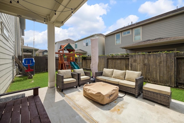 10407 Quiet Courtyard Rd, Houston, TX 77043 - view of patio with an outdoor hangout area, a playground, and a residential view