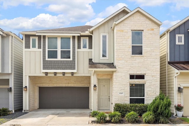 10407 Quiet Courtyard Rd, Houston, TX 77043 - multi unit property with stone siding, board and batten siding, a garage, driveway, and a shingled roof