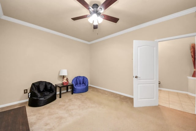 11126 E Lake Gables Dr, Richmond, TX 77406 - living area featuring ceiling fan, carpet flooring, crown molding, and baseboards
