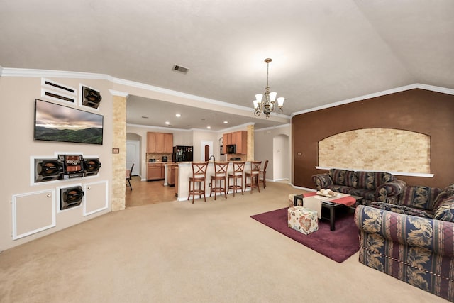 11126 E Lake Gables Dr, Richmond, TX 77406 - living area with arched walkways, light colored carpet, a chandelier, ornamental molding, and recessed lighting