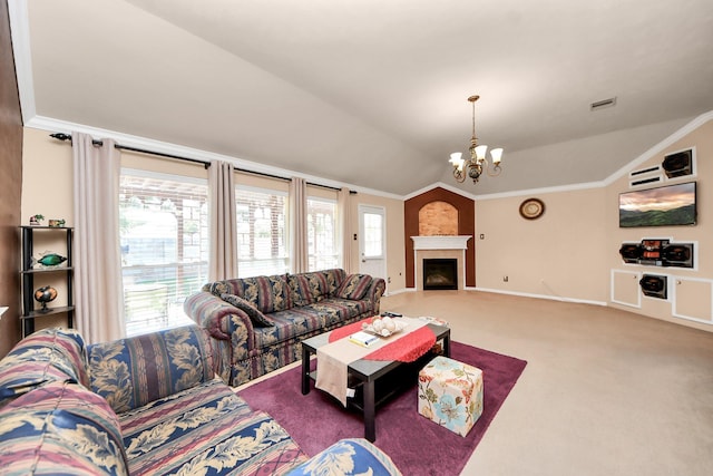 11126 E Lake Gables Dr, Richmond, TX 77406 - living area with lofted ceiling, carpet, a chandelier, ornamental molding, and baseboards