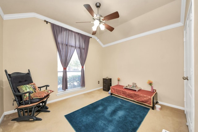 11126 E Lake Gables Dr, Richmond, TX 77406 - carpeted bedroom with crown molding, baseboards, lofted ceiling, and a ceiling fan