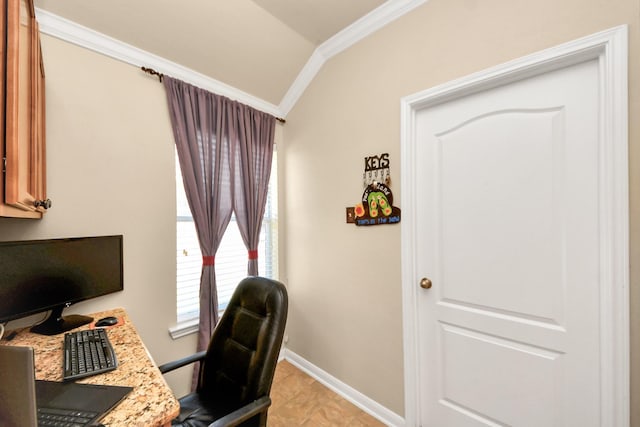 11126 E Lake Gables Dr, Richmond, TX 77406 - office space featuring crown molding, vaulted ceiling, and baseboards