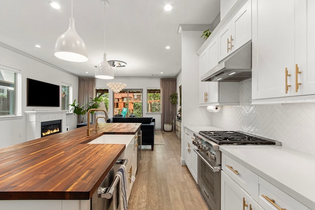 kitchen featuring wooden counters, stainless steel appliances, under cabinet range hood, light wood-style floors, and a glass covered fireplace