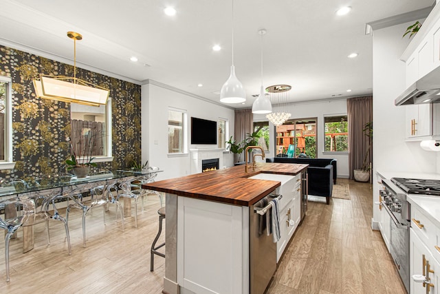 kitchen with butcher block counters, an island with sink, light wood-style flooring, stainless steel appliances, and ornamental molding