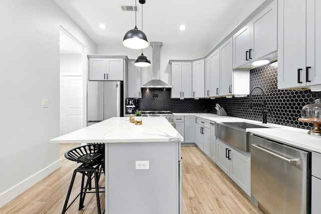 5209 Canal St, Houston, TX 77011 - kitchen featuring appliances with stainless steel finishes, wall chimney exhaust hood, a sink, a center island, and backsplash