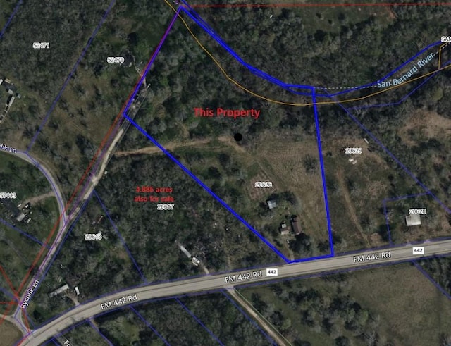 12215 Fm 442nd Rd, Boling, TX 77420 - aerial overview of property's location featuring property parcel outlined