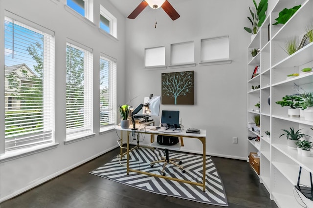 2824 Jehlon Ln, Conroe, TX 77385 - home office featuring a ceiling fan, baseboards, a towering ceiling, and wood finished floors