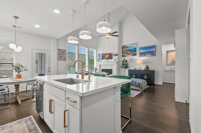 2824 Jehlon Ln, Conroe, TX 77385 - kitchen with a sink, ceiling fan, open floor plan, dark wood-style flooring, and light countertops