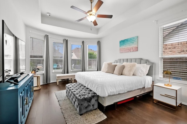 2824 Jehlon Ln, Conroe, TX 77385 - bedroom with a tray ceiling, wood finished floors, and ceiling fan