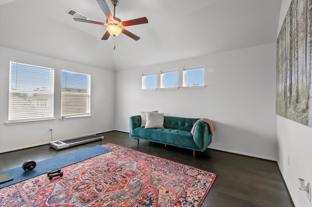 2824 Jehlon Ln, Conroe, TX 77385 - sitting room with ceiling fan, vaulted ceiling, and wood finished floors