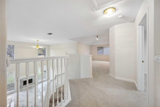 1910 Shark Ct, Crosby, TX 77532 - hall with carpet, an upstairs landing, baseboards, and attic access