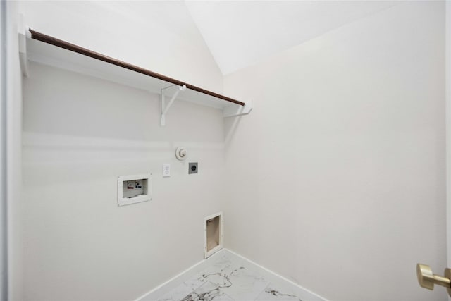 1910 Shark Ct, Crosby, TX 77532 - laundry room with hookup for an electric dryer, light marble finish floors, hookup for a washing machine, baseboards, and gas dryer hookup
