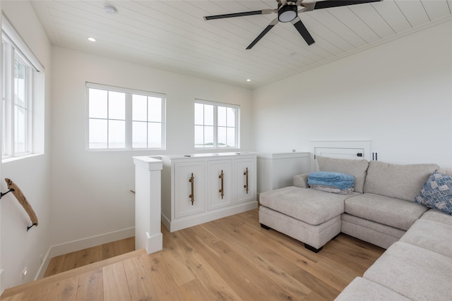 1311 Oahu Dr, Tiki Island, TX 77554 - living room with light wood-type flooring, a ceiling fan, wood ceiling, baseboards, and recessed lighting