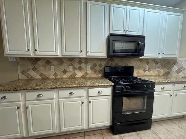 118 N Camellia Grove Cir, The Woodlands, TX 77382 - kitchen featuring black appliances, light tile patterned flooring, decorative backsplash, and white cabinets