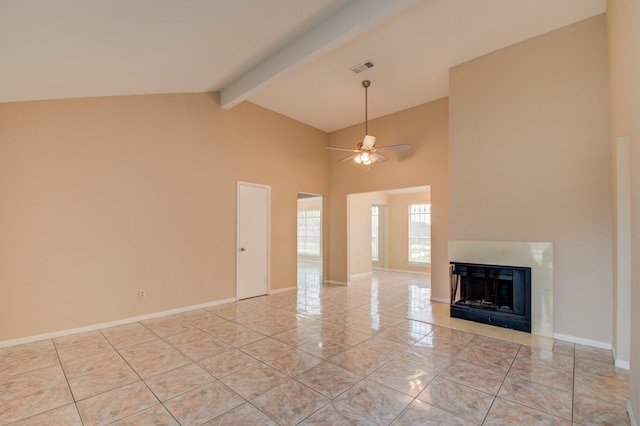 9470 Gulf Bridge St, Houston, TX 77075 - unfurnished living room with beamed ceiling, a fireplace, high vaulted ceiling, ceiling fan, and light tile patterned floors