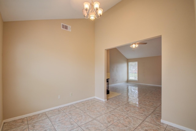 9470 Gulf Bridge St, Houston, TX 77075 - empty room featuring a chandelier, baseboards, ceiling fan, light tile patterned flooring, and high vaulted ceiling