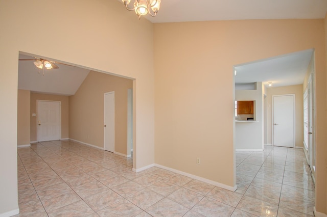 9470 Gulf Bridge St, Houston, TX 77075 - empty room featuring a chandelier, baseboards, ceiling fan, and light tile patterned floors
