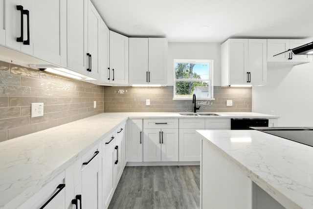 5614 Northridge Dr, Houston, TX 77033 - kitchen featuring a sink, light stone counters, black dishwasher, and light wood-style flooring