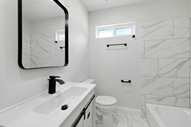 5614 Northridge Dr, Houston, TX 77033 - bathroom featuring toilet, marble finish flooring, baseboards, and vanity