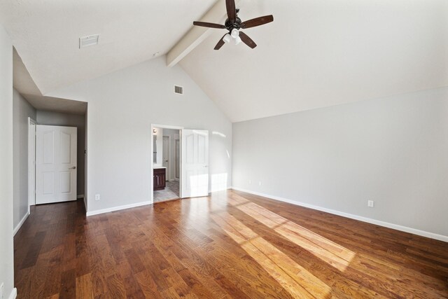 3614 Quarter Horse Trl, Manvel, TX 77578 - unfurnished bedroom with beamed ceiling, high vaulted ceiling, wood finished floors, baseboards, and ensuite bathroom