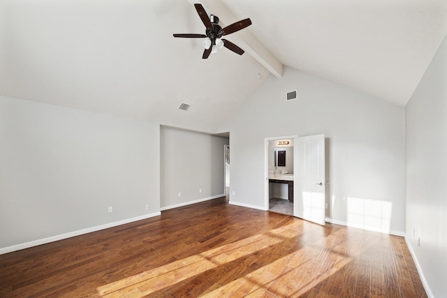 3614 Quarter Horse Trl, Manvel, TX 77578 - unfurnished living room featuring a ceiling fan, high vaulted ceiling, beam ceiling, wood finished floors, and baseboards