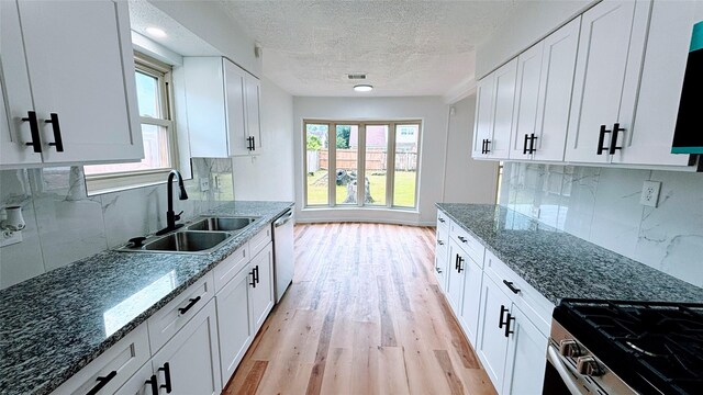 14406 Roundstone Ln, Houston, TX 77015 - kitchen featuring appliances with stainless steel finishes, a sink, a textured ceiling, light wood-style flooring, and white cabinetry